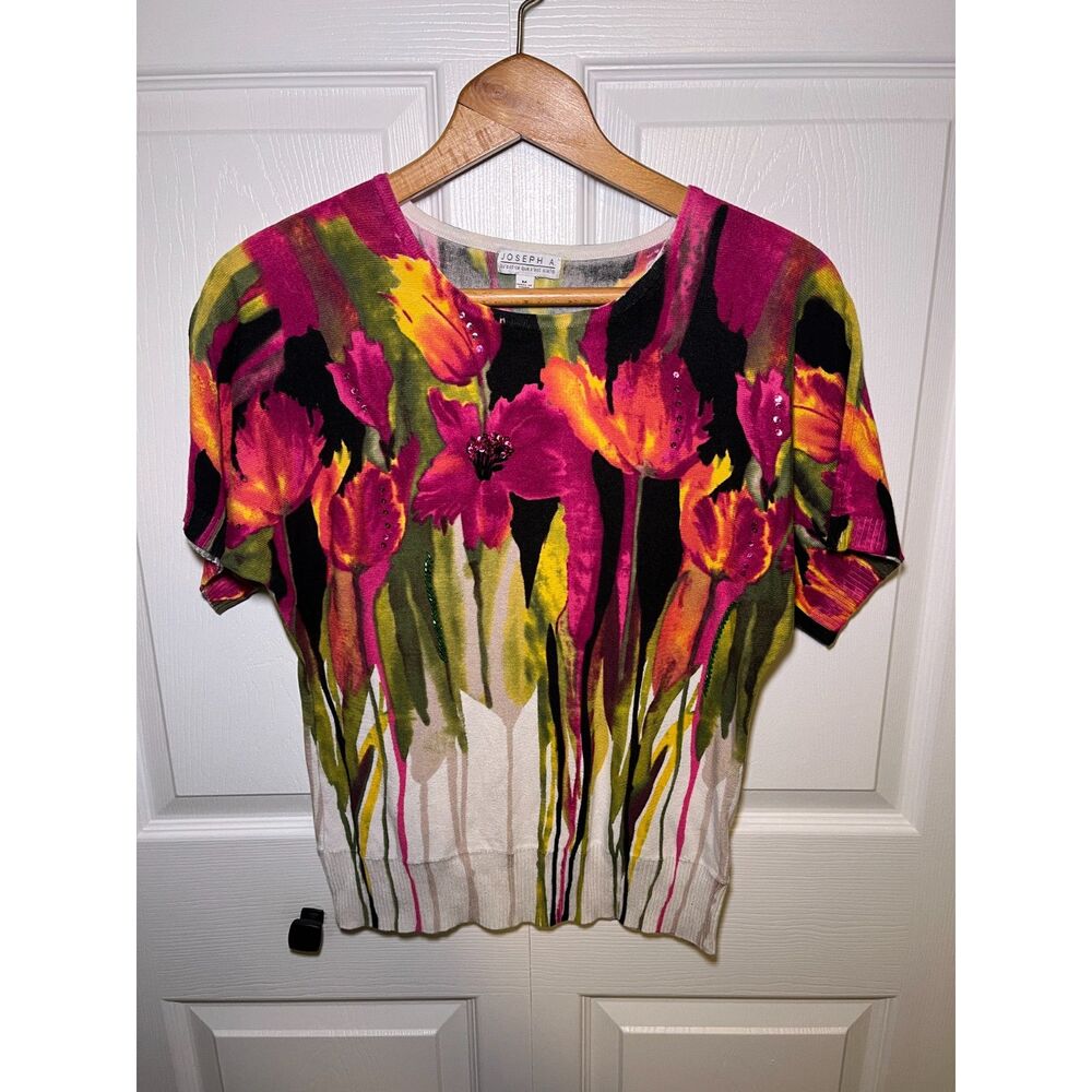 Joseph A Floral Knit Top Womens Medium Beaded Short Sleeve Sweater - Picture 3 of 4